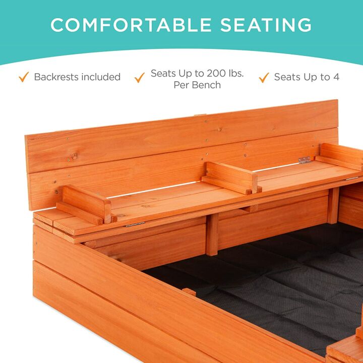 47x47in Wooden Kids Sandbox with Benches and Liner