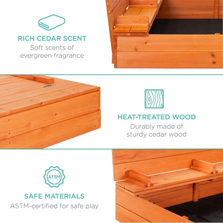 47x47in Wooden Kids Sandbox with Benches and Liner