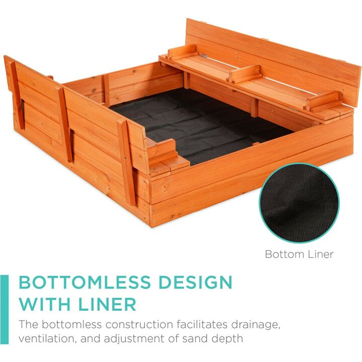 47x47in Wooden Kids Sandbox with Benches and Liner