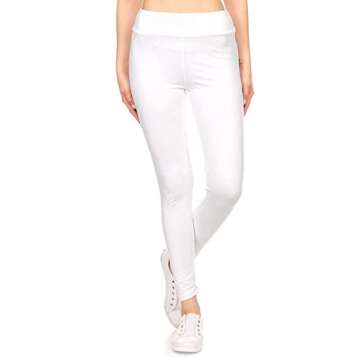 Leggings Depot Women's 3" Waistband Yoga High Waisted Solid Leggings Pants (Full Length, White, Small)
