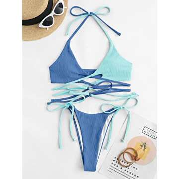 ZAFUL Women's Halter Colorblock Bikini Set Cut Out Tie Side Cheeky String Swimwear Ribbed Swimsuit Bathing Suit