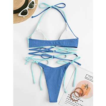 ZAFUL Women's Halter Colorblock Bikini Set Cut Out Tie Side Cheeky String Swimwear Ribbed Swimsuit Bathing Suit
