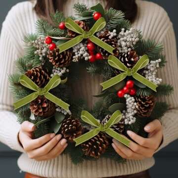 Chuangdi 3/8 Inch, 30 Yard Christmas Olive Green Velvet Ribbon Wide Vintage Velvet Ribbons for Christmas Tree Ornaments Flower Bouquets Baby Shower Wedding Wreath Bow Making DIY Craft Choker