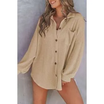 SHEWIN Women's Long Sleeve Waffle Knit Shacket Jacket