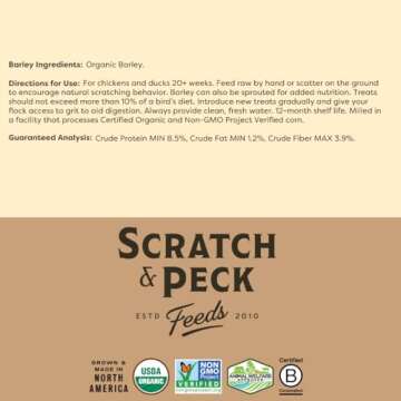 Scratch and Peck Whole Barley Chicken, Duck and Livestock Supplemental Grain - 8.5% Protein, Certified Organic and Non-GMO Project Verified Chicken Food - 10 lbs Bag