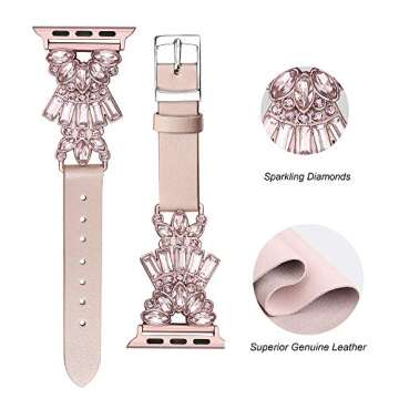 Secbolt Band Compatible with Apple Watch Band 38mm 40mm 41mm iWatch SE Series 9/8/7/6/5/4/3/2/1, Top Grain Leather with Bling Crystal Diamonds Wristband Strap Accessories Women, Pink Small