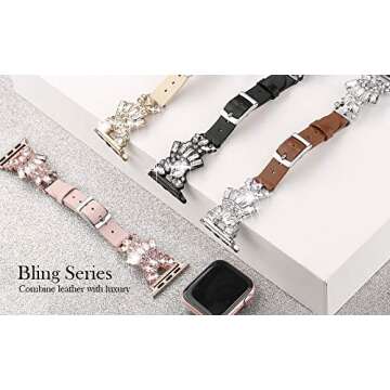 Secbolt Band Compatible with Apple Watch Band 38mm 40mm 41mm iWatch SE Series 9/8/7/6/5/4/3/2/1, Top Grain Leather with Bling Crystal Diamonds Wristband Strap Accessories Women, Pink Small