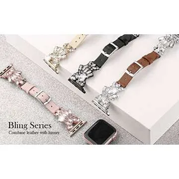 Secbolt Band Compatible with Apple Watch Band 38mm 40mm 41mm iWatch SE Series 9/8/7/6/5/4/3/2/1, Top Grain Leather with Bling Crystal Diamonds Wristband Strap Accessories Women, Pink Small