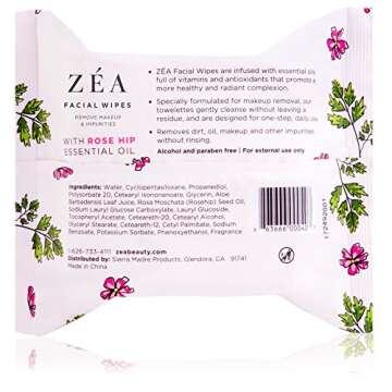 ZEA Makeup Remover Wipes | Infused with Rose Hip Essential Oil | Alcohol-Free & Paraben-Free | 10 Wipes per package | 10 Travel/Purse Packages Total, 10 Count (Pack of 3)