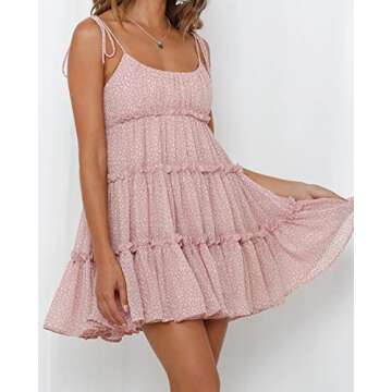 Mansy Womens 2025 Summer Floral Mini Dress Boho Flowy Skater Dresses Short Sleeveless Ruffle Spaghetti Strap Dress Pink