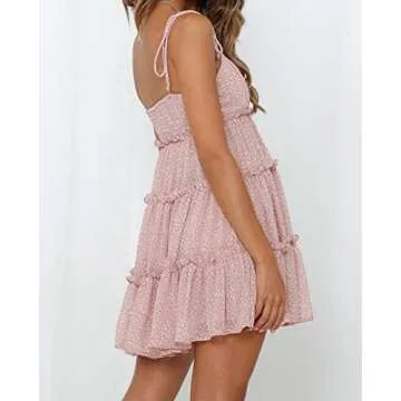 Mansy Womens 2025 Summer Floral Mini Dress Boho Flowy Skater Dresses Short Sleeveless Ruffle Spaghetti Strap Dress Pink