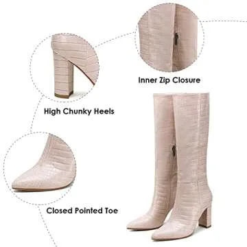 Modatope Knee High Boots Women Boots for Women with Heel Women's Knee-High Boots Pointed Toe Crema and Nude Boots Size 8