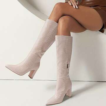 Modatope Knee High Boots Women Boots for Women with Heel Women's Knee-High Boots Pointed Toe Crema and Nude Boots Size 8