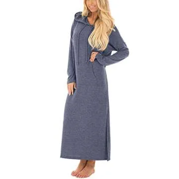 GIKING Women's Casual Hoodies Long Sleeve Split Hooded Long Maxi Sweatshirt Dress with Pockets 2023 Fall Fashion（Light Blue,S）