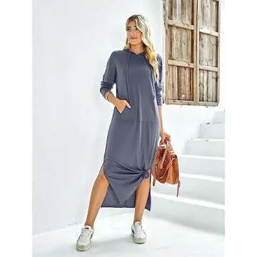 GIKING Women's Casual Hoodies Long Sleeve Split Hooded Long Maxi Sweatshirt Dress with Pockets 2023 Fall Fashion（Light Blue,S）