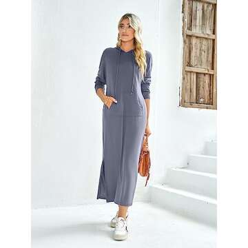 GIKING Women's Casual Hoodies Long Sleeve Split Hooded Long Maxi Sweatshirt Dress with Pockets 2023 Fall Fashion（Light Blue,S）