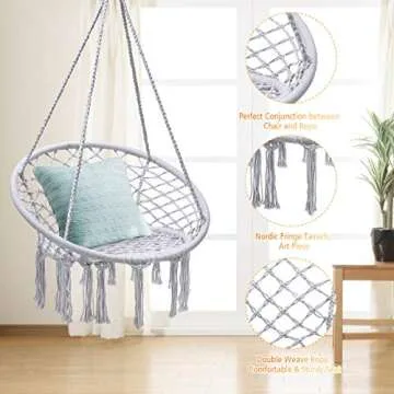 Giantex Hanging Hammock Chair, Macrame Hanging Chair 330 Pounds Capacity, Cotton Rope Handwoven Tassels Porch Swing Chair for Bedroom, Living Room, Yard, Garden, Balcony, Indoor/Outdoor(Grey)