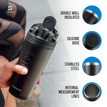 Ice Shaker Insulated Stainless Steel Shaker Bottle | 26oz, Black | Cold for 30+ Hours | Insulated Cu...