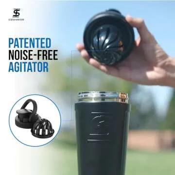 Ice Shaker Insulated Stainless Steel Shaker Bottle | 26oz, Black | Cold for 30+ Hours | Insulated Cup with Twist-on Agitator | Odor-Free Bottle for Protein Shakes, Water, Smoothies, Cocktails