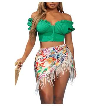 MakeMeChic Women's Floral Tie Side Wrap Tassel Mini Skirt Cover Up Beach Skirt Multicolor M