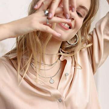 KissYan Initial Necklaces for Women, Silver Round Letter Pendant White Gold Capital Monogram Necklace Alphabets from A-Z Figaro Chain Jewelry(White Gold D)