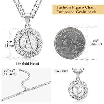KissYan Initial Necklaces for Women, Silver Round Letter Pendant White Gold Capital Monogram Necklace Alphabets from A-Z Figaro Chain Jewelry(White Gold D)