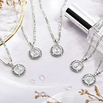 KissYan Initial Necklaces for Women, Silver Round Letter Pendant White Gold Capital Monogram Necklace Alphabets from A-Z Figaro Chain Jewelry(White Gold D)