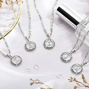 KissYan Initial Necklaces for Women, Silver Round Letter Pendant White Gold Capital Monogram Necklace Alphabets from A-Z Figaro Chain Jewelry(White Gold D)