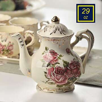 YOLIFE Porcelain Tea Set Vintage Rose, Tea Cups with Teapot, Serving Tray and Teaspoon Service for 4, Suitable for Tea Party Gifts
