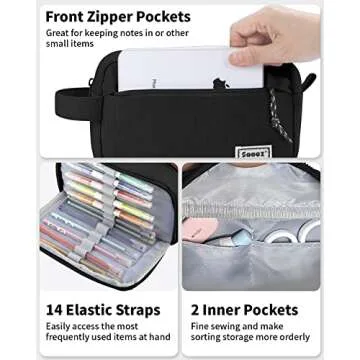 Sooez Big Capacity Pencil Case, Upgraded Canvas Pencil Pouch Large Pencil Bag Organizer, Separate Compartments Easy Grip Handle, Aesthetic Supply for School Teens Adults, Black Pen Case