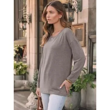 AUTOMET Womens Long Sleeve Shirts Fall Tops 2024 Loose Fitted Crewneck Basic Casual Dressy Outfits Trendy Clothes Coffee Grey M