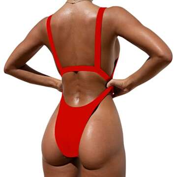 Tainehs Womens Sexy One Piece Bikini Swimsuits High Cut Cheeky Swimwear Thong Bottoms Bathing Swimsuits Red