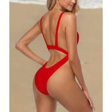 Tainehs Womens Sexy One Piece Bikini Swimsuits High Cut Cheeky Swimwear Thong Bottoms Bathing Swimsuits Red
