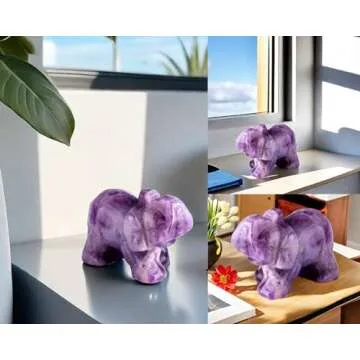 QINJIEJIE Amethyst Elephant Decor Statue Crystals Healing Stones Crystal Pocket Figurines Cute Hand Carved Sculpture Gemstones Spiritual Home Office Desk Purple Decor Elephant Gifts for Women