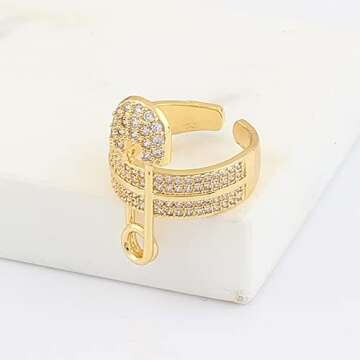NewZenro Flat CZ Safety Pin Chunky Open Ring - Fashion Gold Plated