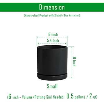 D'vine Dev Set of 2 Plants Pots, 6 Inch Ceramic Planter Pot for Plants with Drainage Hole and Saucer, Black, 94-V-C-2