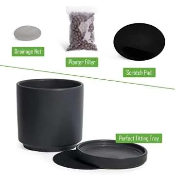 D'vine Dev Set of 2 Plants Pots, 6 Inch Ceramic Planter Pot for Plants with Drainage Hole and Saucer, Black, 94-V-C-2