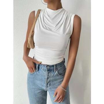 Remidoo Women's Ruched Sleeveless Mock Neck Tops Casual Crop Tank Top Shirt White Medium