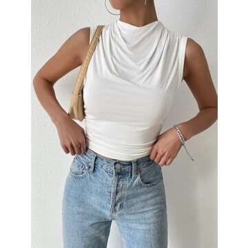 Remidoo Women's Ruched Sleeveless Mock Neck Tops Casual Crop Tank Top Shirt White Medium