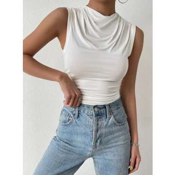 Remidoo Women's Ruched Sleeveless Mock Neck Tops Casual Crop Tank Top Shirt White Medium