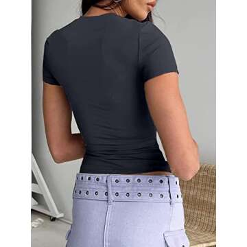 Dwnval Women Sexy Basic T Shirts Tops Spring Summer Short Sleeve Crewneck Slim Fit Cute Crop Top Blouses(Deep Grey, S)