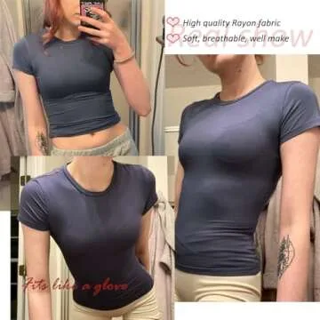 Dwnval Women Sexy Basic T Shirts Tops Spring Summer Short Sleeve Crewneck Slim Fit Cute Crop Top Blouses(Deep Grey, S)