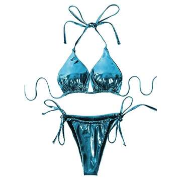 ZGMYC Women's 3 Piece Shiny Metallic Swimsuit Sexy Triangle Bikini Tie Side Thong Festival Outfit with Drawstring Mini Skirt (Blue,Small)
