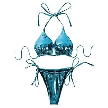 ZGMYC Women's 3 Piece Shiny Metallic Swimsuit Sexy Triangle Bikini Tie Side Thong Festival Outfit with Drawstring Mini Skirt (Blue,Small)