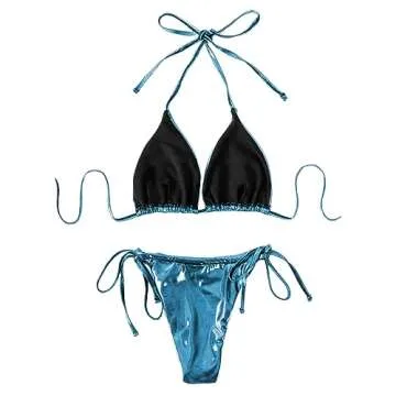 ZGMYC Women's 3 Piece Shiny Metallic Swimsuit Sexy Triangle Bikini Tie Side Thong Festival Outfit with Drawstring Mini Skirt (Blue,Small)