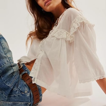 Cute Chiffon Shirt for Women Summer Ruffle Lace Trim Button Down V Neck Short Sleeve Blouse Y2K Sheer Mesh Crop Top (Creamy, S)