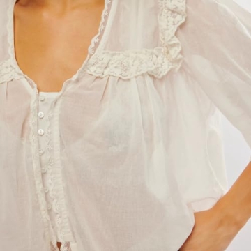 Cute Chiffon Shirt for Women Summer Ruffle Lace Trim Button Down V Neck Short Sleeve Blouse Y2K Sheer Mesh Crop Top (Creamy, S)