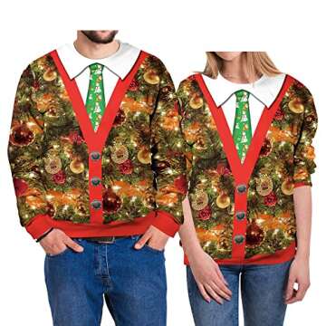 Eciodci Men's Christmas Sweatshirt 3D Christmas Tree Printed Novelty Xmas Lights Long Sleeve Shirts Pullover Sweatshirts Red/White