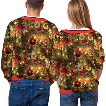 Eciodci Men's Christmas Sweatshirt 3D Christmas Tree Printed Novelty Xmas Lights Long Sleeve Shirts Pullover Sweatshirts Red/White