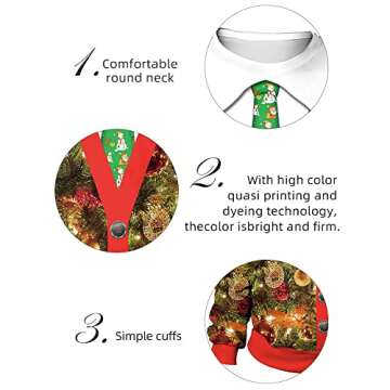 Eciodci Men's Christmas Sweatshirt 3D Christmas Tree Printed Novelty Xmas Lights Long Sleeve Shirts Pullover Sweatshirts Red/White